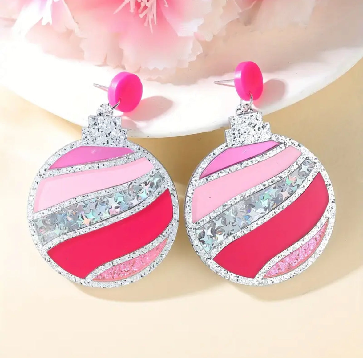 EARRING CHRISTMAS BAUBLE PINK GLITTER