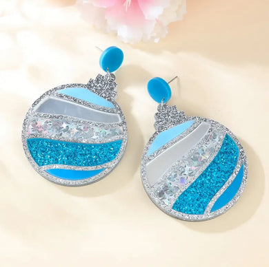 EARRING CHRISTMAS BAUBLE BLUE GLITTER