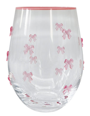 STEMLESS WINE GLASS PINK BOW