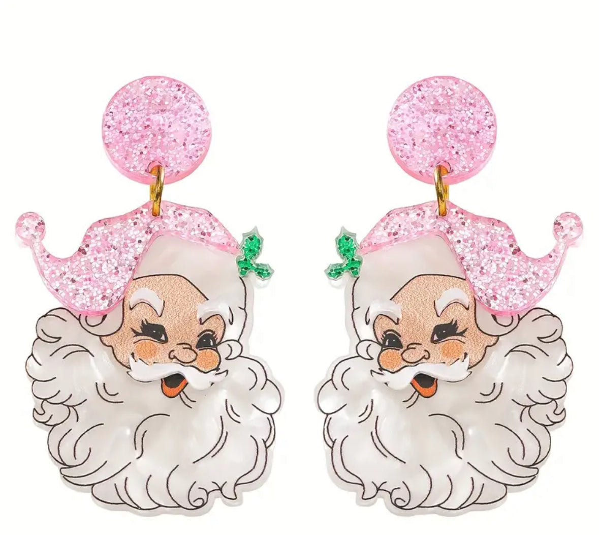 EARRINGS VINTAGE SANTA PINK GLITTER