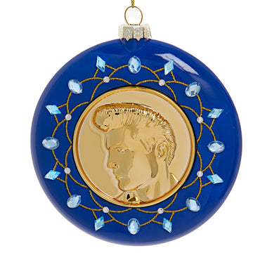 ELVIS CHRISTMAS ORNAMENT BLUE GLASS AND GOLD HEAD