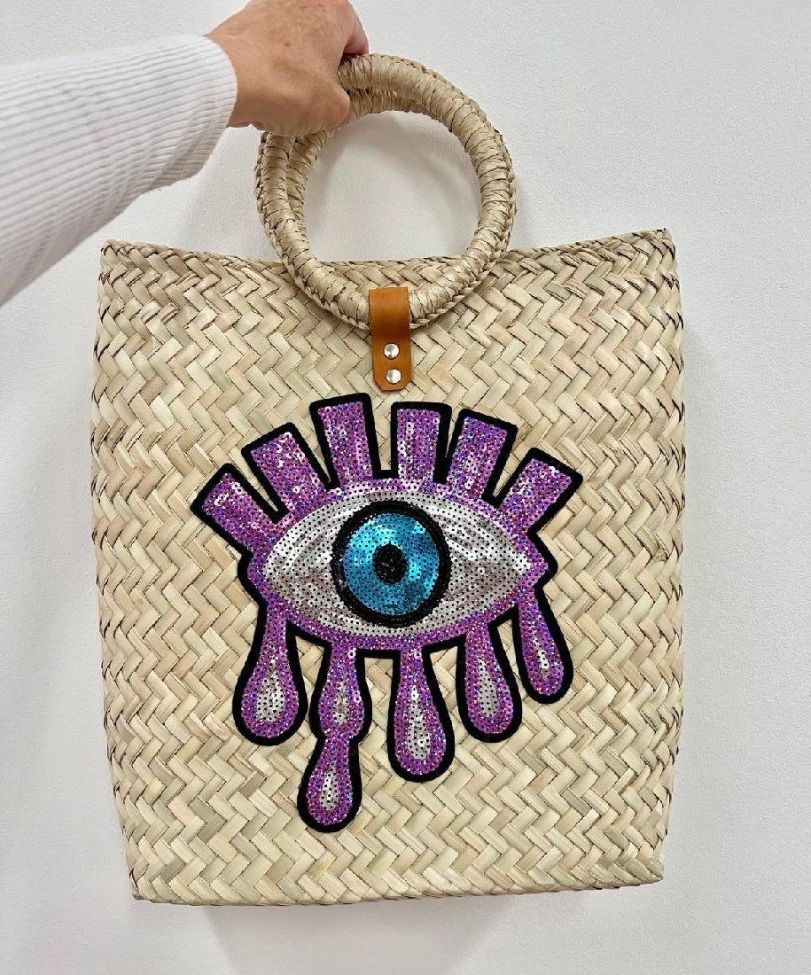 STRAW TOTE BAG HANDMADE EVIL EYE PURPLE