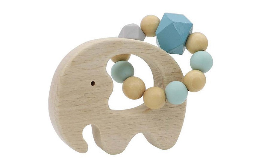 WOODEN RATTLE ELEPHANT WITH SILICONE BEADS BLUE